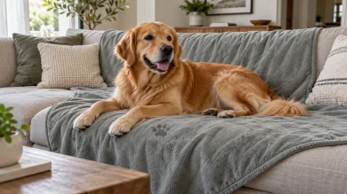 Dog resting on a waterproof blanket protecting a living room couch