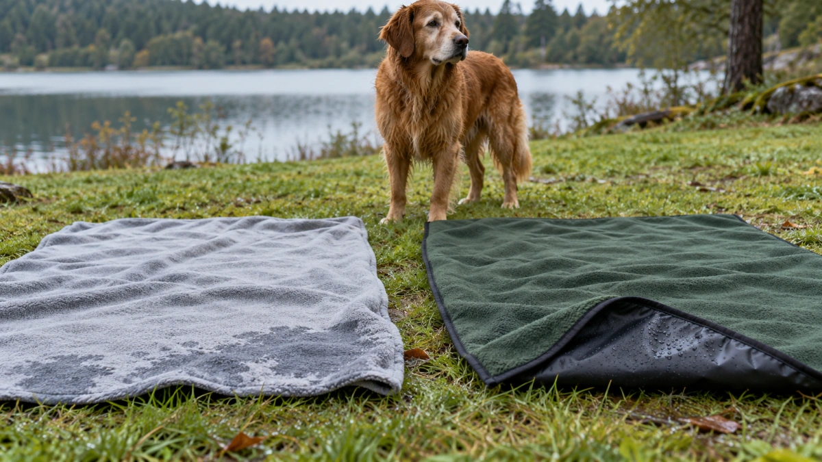 Fleece and waterproof backed dog blankets compared on damp grass