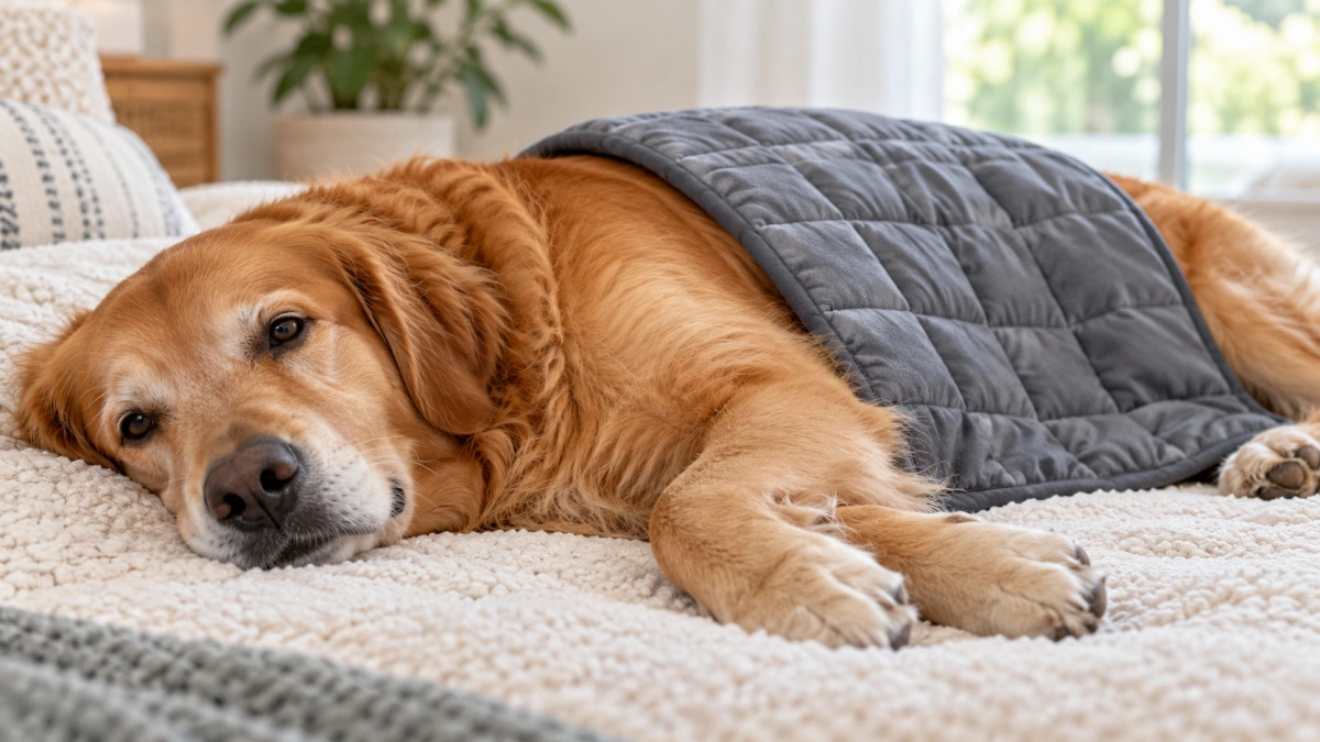 Weighted pet blanket positioned away from a dog's head and neck