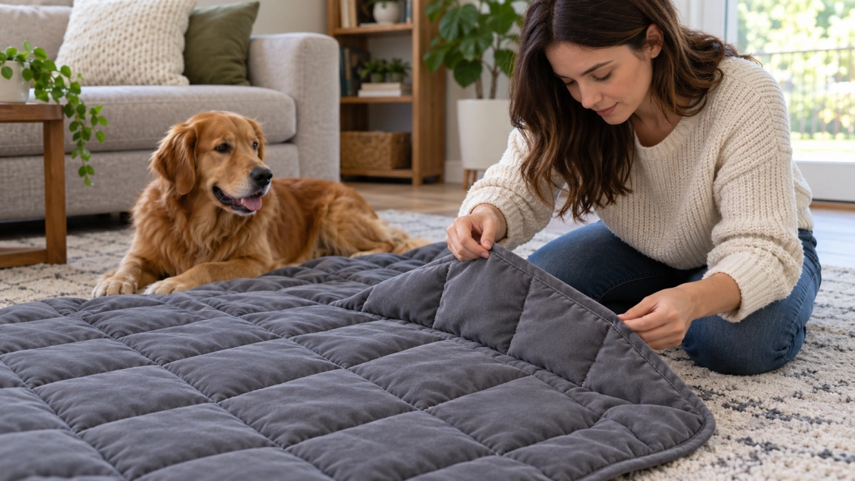 Owner inspecting seams and weighted inserts on a dog blanket