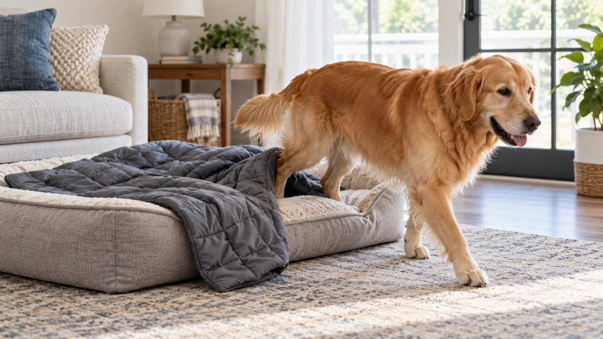 Dog freely moving away from a weighted pet blanket