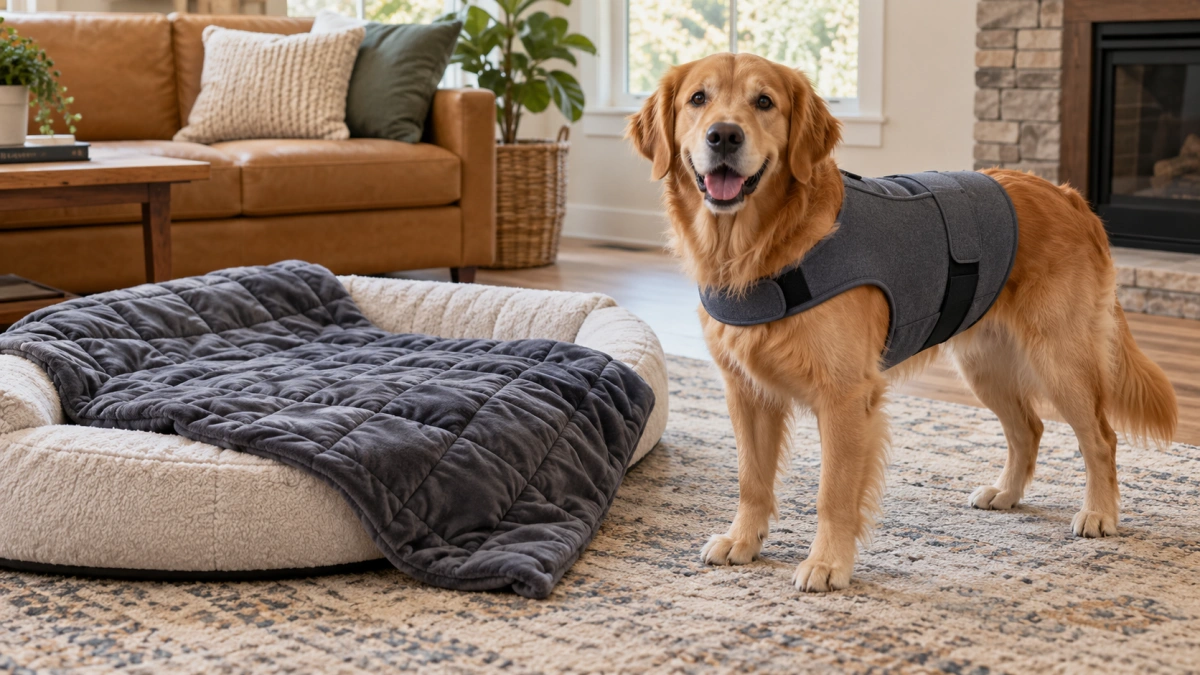 Weighted dog blanket and fitted pressure wrap shown as different products