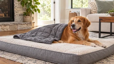 Dog resting under a light pet specific weighted blanket with head and neck free