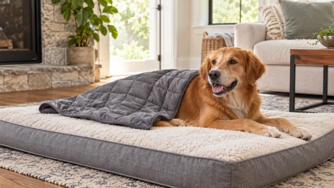 Dog resting under a light pet specific weighted blanket with head and neck free
