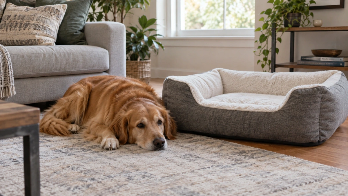 Dog choosing the floor beside a new dog bed