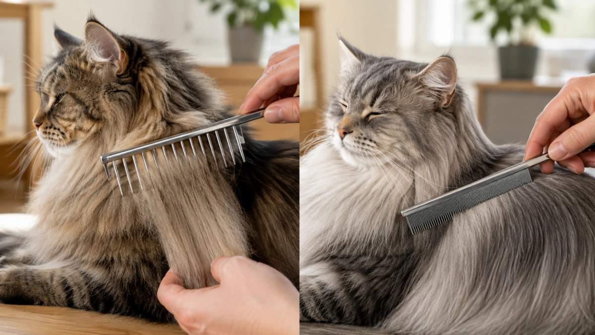 Wide tooth and fine tooth grooming comb comparison for cats