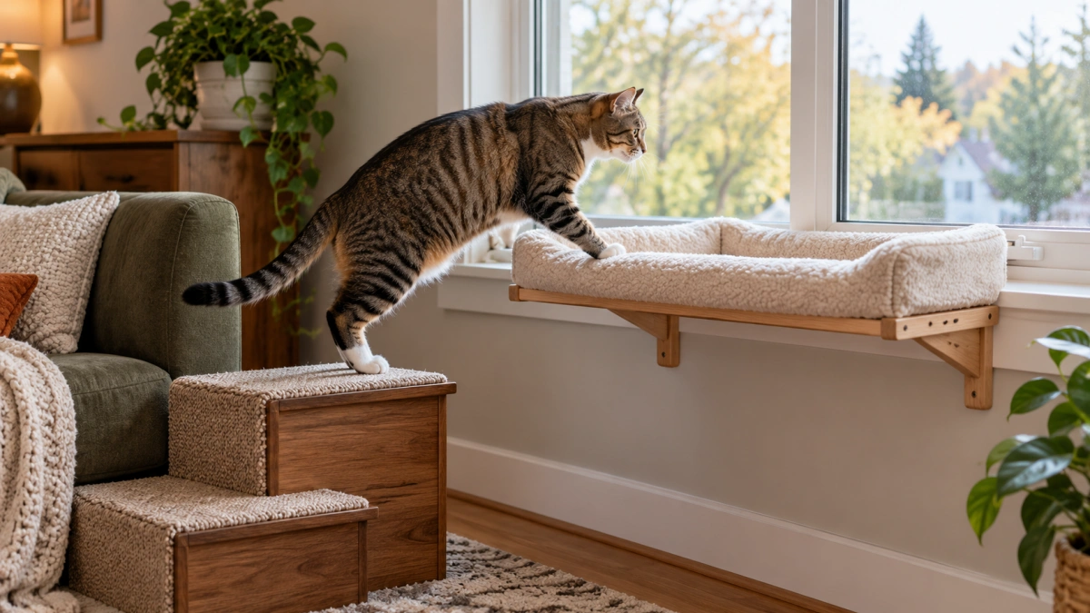Cat using an easy access route to a window cat bed