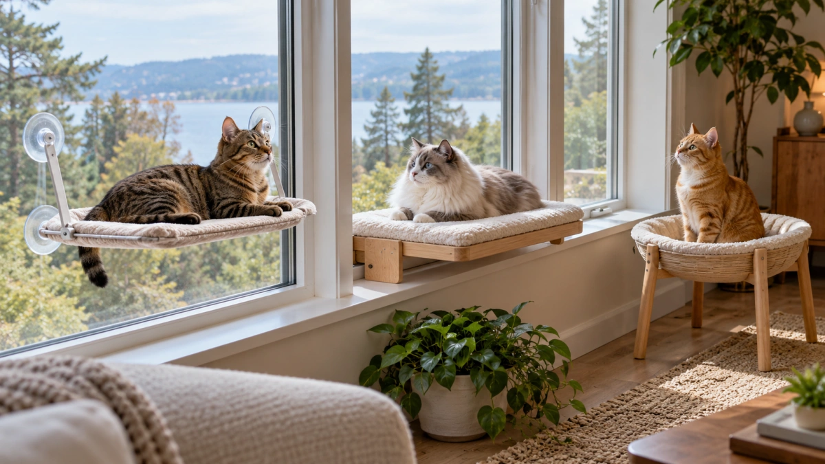 Suction cup sill mounted and freestanding window cat bed styles