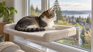 Cat relaxing on a secure window cat bed overlooking outdoors
