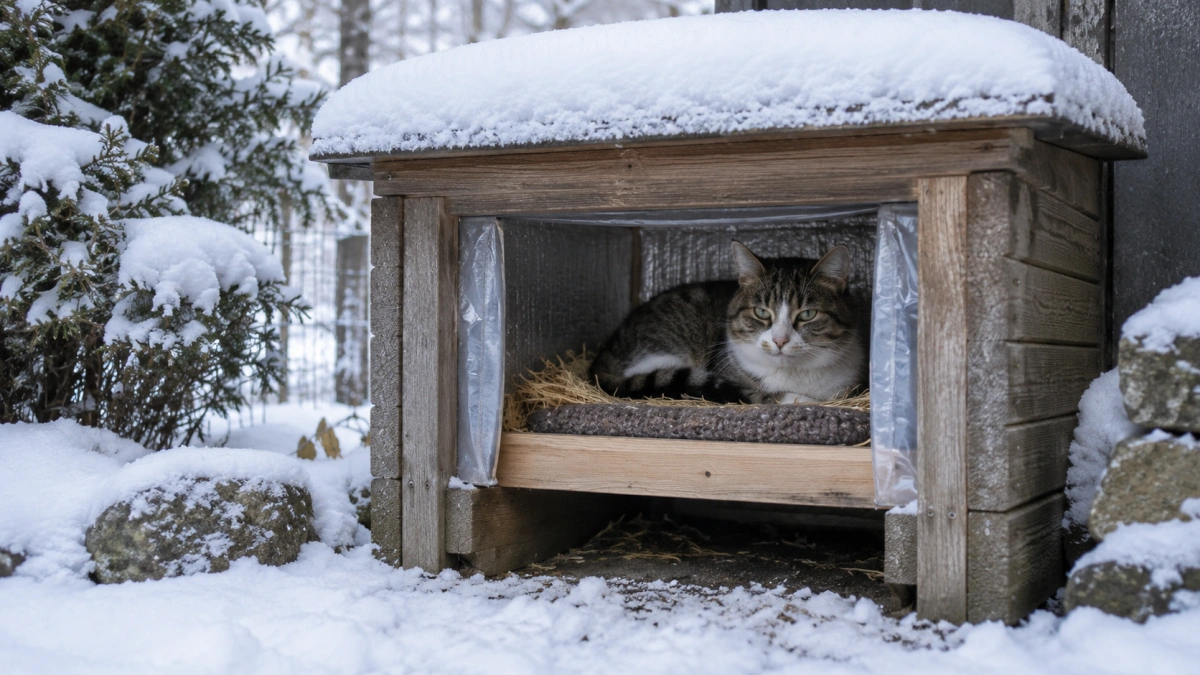 Winter outdoor cat bed with insulation and protected sleeping space