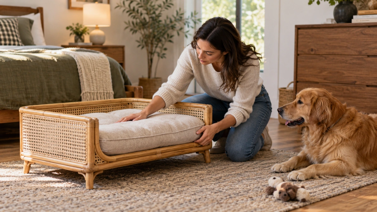 Owner checking wooden and rattan dog bed features before buying