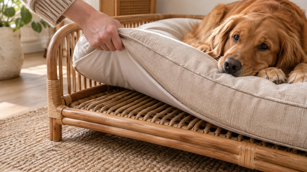 Removable cushion inside a wooden style dog bed frame