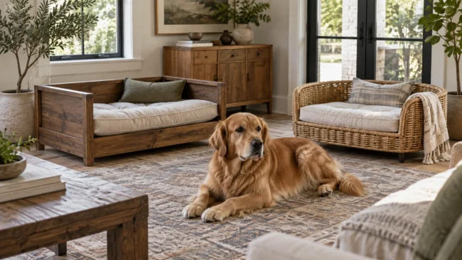Wooden and rattan dog beds styled in a modern home interior