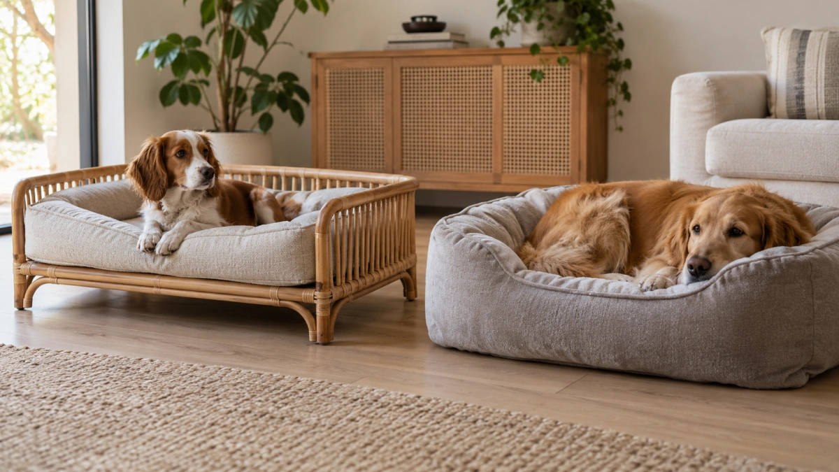 Wooden and rattan dog bed compared with a fabric dog bed