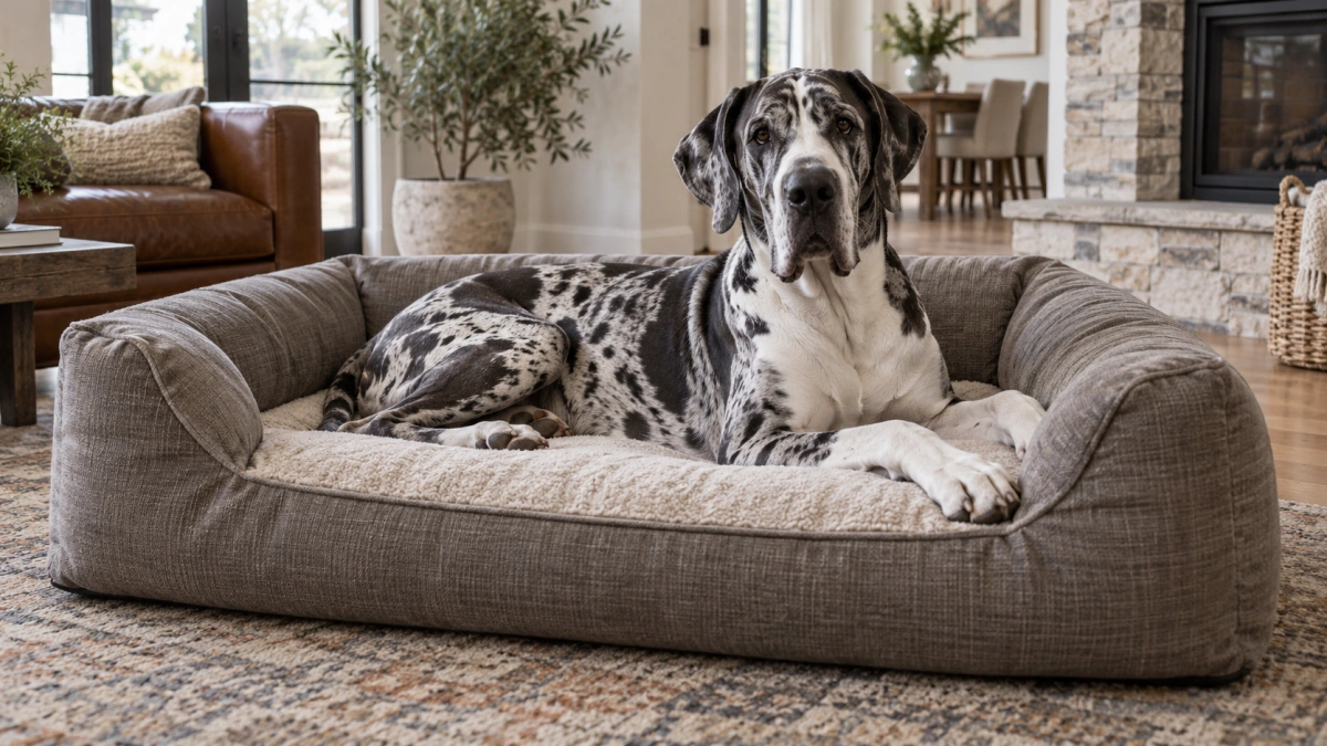 Giant dog showing the inner sleeping area of an XXL bolster bed