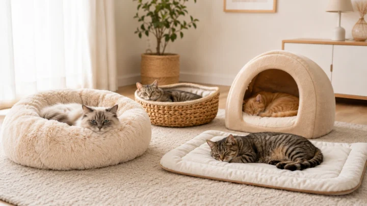 Cats resting in different cat bed styles including plush, enclosed, and washable beds
