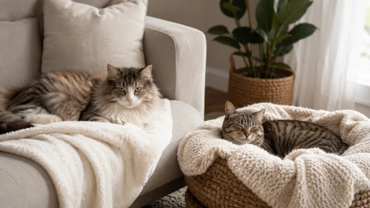Cats resting on warm fleece, knitted, and quilted cat blankets at home