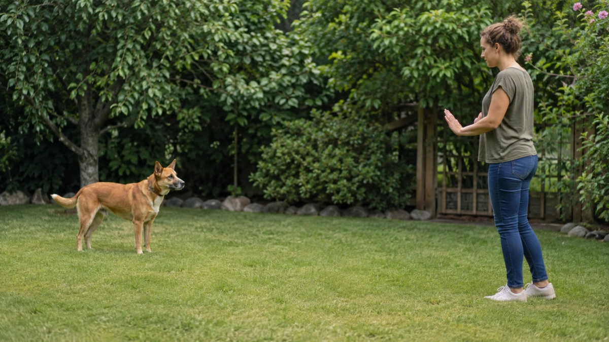 Dog showing mild aggressive behavior warning signs while owner maintains a safe distance