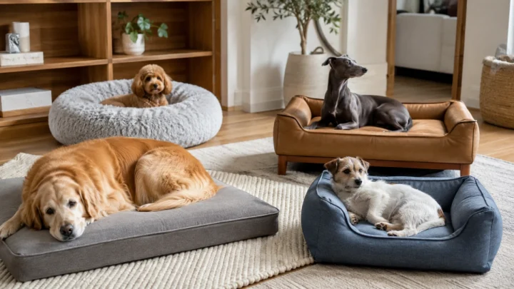 Different dog bed sizes and styles for small, medium, and large dogs