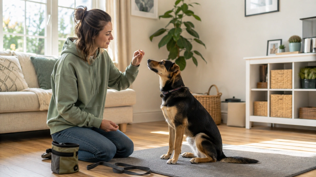 Dog owner using positive reinforcement for dog behavior modification and training