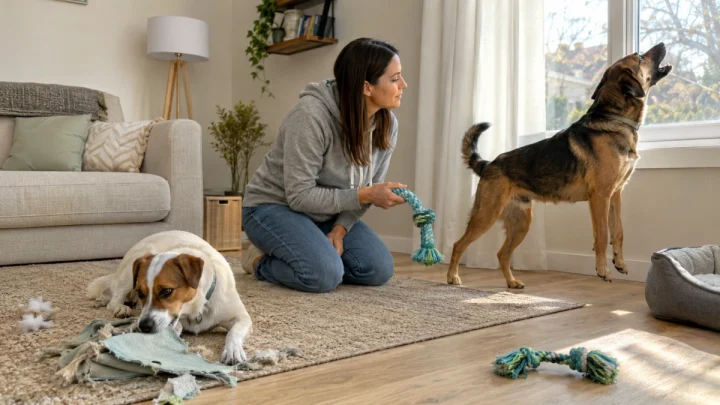 Common dog behavior problems including barking and chewing with positive owner guidance