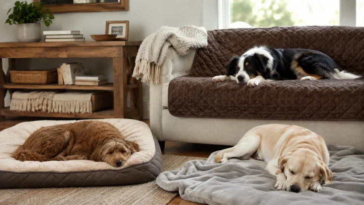 Dogs resting on fleece, quilted, and sofa dog blankets in different sizes