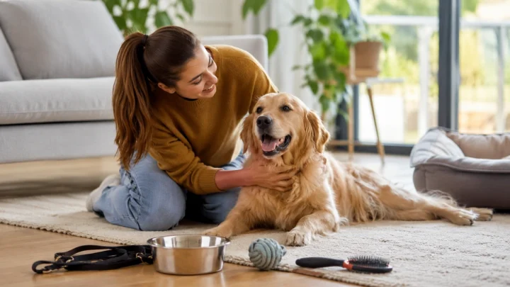 Dog receiving everyday care at home with grooming, feeding, and comfort essentials