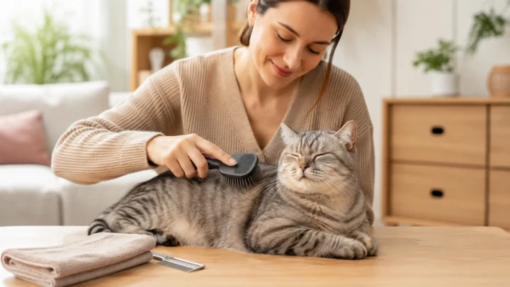 Pet owner grooming a cat with a brush in a calm home environment