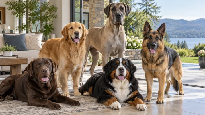 Large dog breeds of different sizes, coats, and temperaments together outdoors