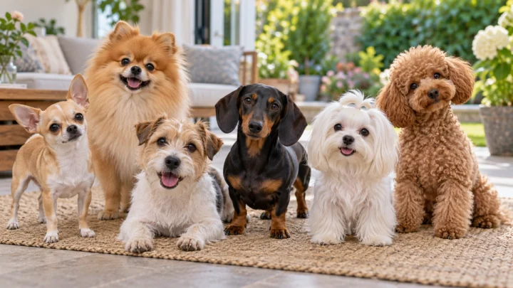 Different small dog breeds showing a variety of sizes, coats, and traits